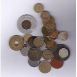 Batch of tokens + Tickets in a tobacco tin includes Eagle Tavern Brass 4d (Henry Stevens) Isaac