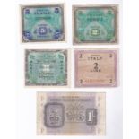 Military Notes with British Military Authority - 1/- and French, German + Italian Military notes (