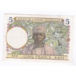 French West Africa - 1939 Five Francs, Ref: P21, Grade GEFE