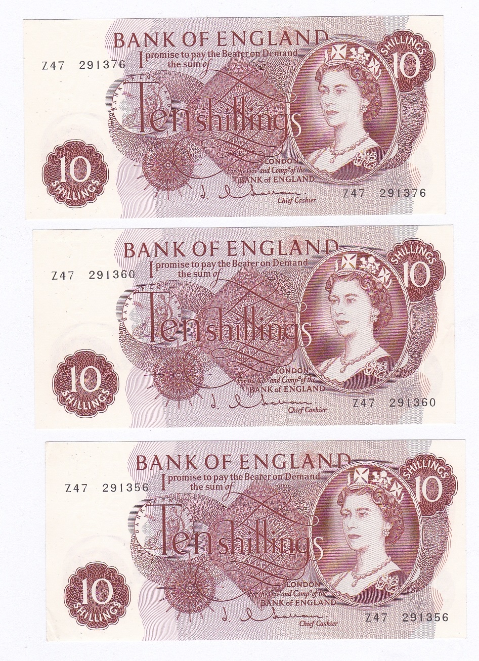 Great Britain 1963 10/-, J.Q. Hollom, Prefix Z47 (3) UNC