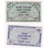 Germany - (Federal Republic) 1948 One Mark, Ref: P29, Grade AUNC. Scarce, and 1948 Half Mark (Allied