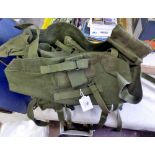 British 1970s Webbing Equipment, olive green with the belt, three pouches, and backpack, an