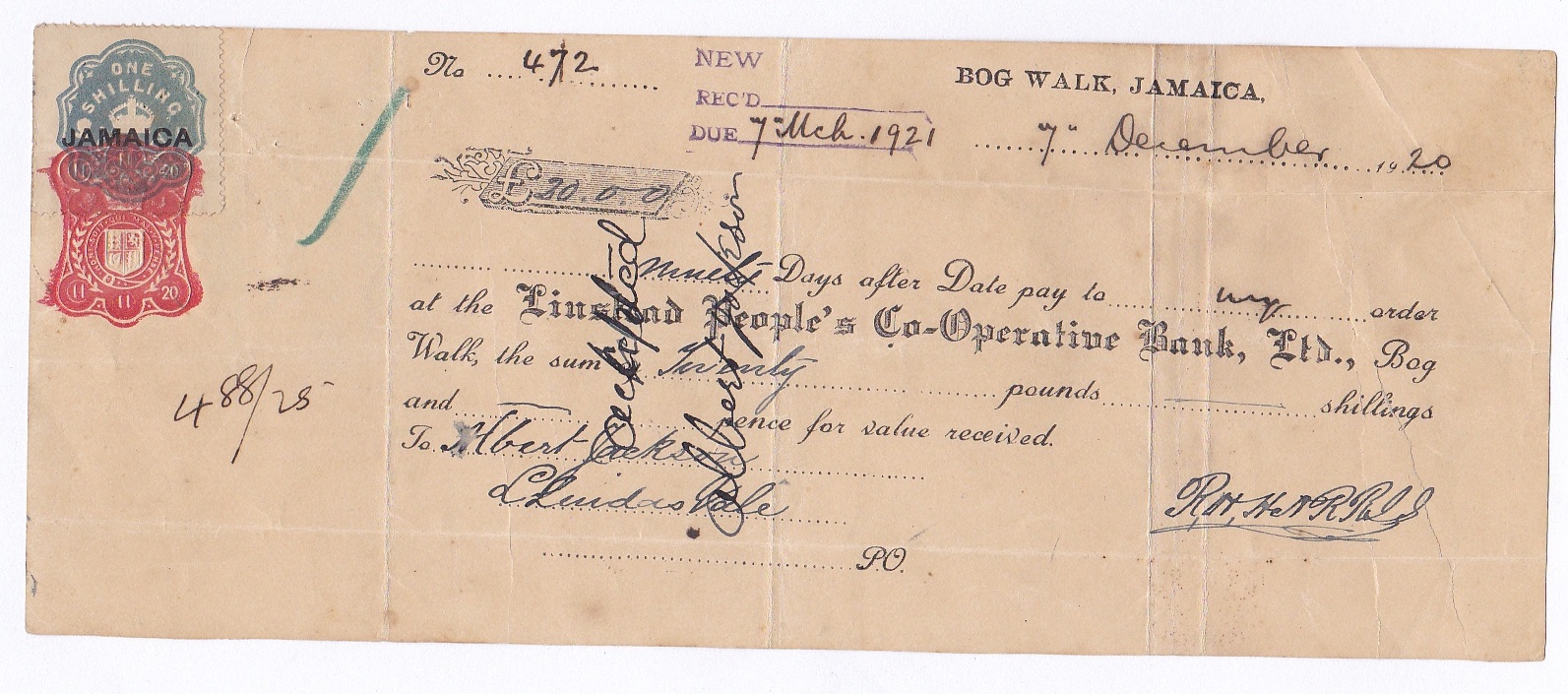 Jamaica - 1920 BOG Walk Jamaica Cheque on Linstead Peoples Co-Operative Bank. 'Jamaica' overprint on