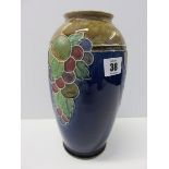 DOULTON STONEWARE VASE, a blue ground fruit decorated oviform 9.