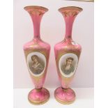 VICTORIAN GLASSWARE, pair of mid 19th Century pink cased milk glass trumpet necked vases,