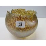 ART GLASS, Loetz-style lustre splatter glass crinoline rim spherical vase, 5.