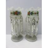 VICTORIAN DROP LUSTRES, pair of floral painted milk glass drop lustres,