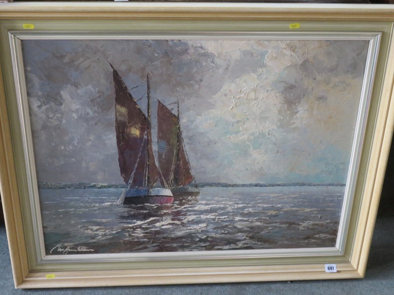 HERBERT UERPMANN, oil on canvas, "Continental Fishing Boats", 29.5 high x 37.