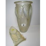 LALIQUE, limited edition vaseline glass "Budgerigar" pattern vase (needs restoration) 9.