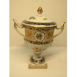 DRESDEN, twin gilt handled pedestal square base lidded urn vase,