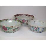 ORIENTAL CERAMICS, 3 antique Famille rose bowls decorated with floral displays (numerous defects),