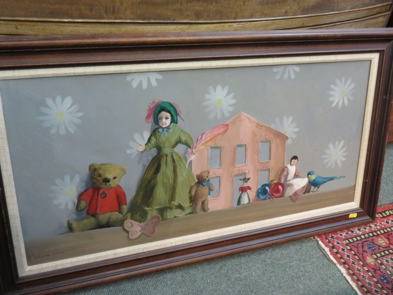 DEBORAH JONES, signed painting on board, "Dolls House with teddy bear, bird and friends", 13.