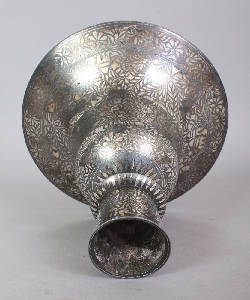 A 19TH CENTURY INDIAN BIDRI WARE HOOKAH BASE, the metal body elaborately inlaid in silver-metal with - Image 5 of 6