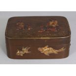 AN EARLY 20TH CENTURY JAPANESE MIXED METAL RECTANGULAR BOX, with rounded corners, the cover