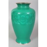 AN EARLY 20TH CENTURY JAPANESE ANDO MUSEN WIRELESS CLOISONNE GREEN ENAMEL VASE, with chrome rims,