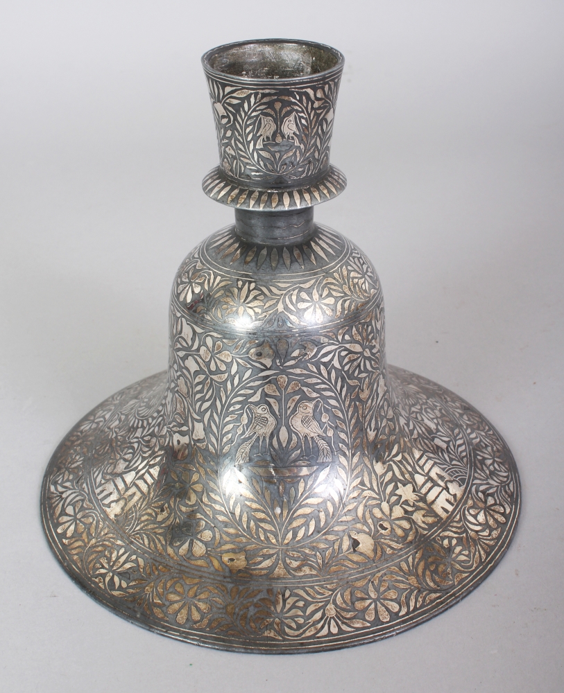 A 19TH CENTURY INDIAN BIDRI WARE HOOKAH BASE, the metal body elaborately inlaid in silver-metal with