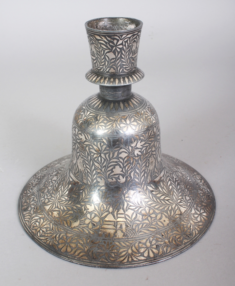 A 19TH CENTURY INDIAN BIDRI WARE HOOKAH BASE, the metal body elaborately inlaid in silver-metal with - Image 2 of 6