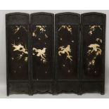 AN EARLY 20TH CENTURY JAPANESE FOUR-FOLD BONE & LACQUERED WOOD SCREEN, in two sections, each fold