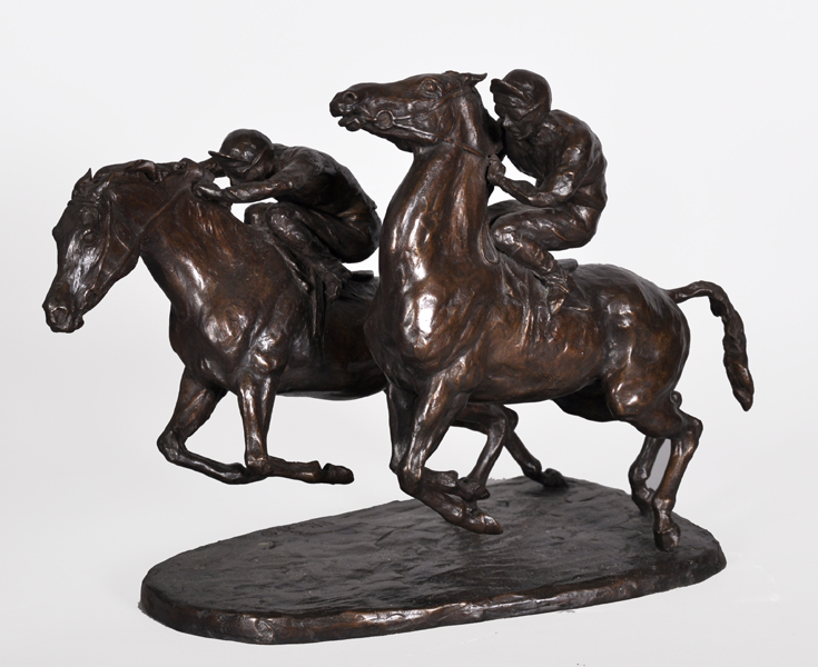 Philip Blacker (1949 ) British. Two Jockeys on Horses Racing, Bronze, Incised with Initials,