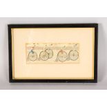 A STEVENGRAPH, FIVE PENNY FARTHINGS, reframed. 2ins x 5ins.