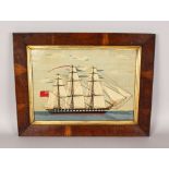 A VERY GOOD 19TH CENTURY WOOLWORK THREE MASTED BOAT. 14ins x 20ins, in a rosewood frame.