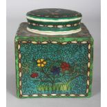 AN EARLY 20TH CENTURY JAPANESE TOTAI CLOISONNE ON EARTHENWARE SQUARE SECTION TEA CADDY & COVER, 3.
