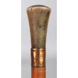 A HORN HANDLED BAMBOO WALKING STICK, with a copper collar impressed with a 'DOUBLE' mark, the horn