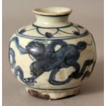 A CHINESE WANLI PERIOD SHIPWRECK BLUE & WHITE PORCELAIN JAR, the ovoid body painted with