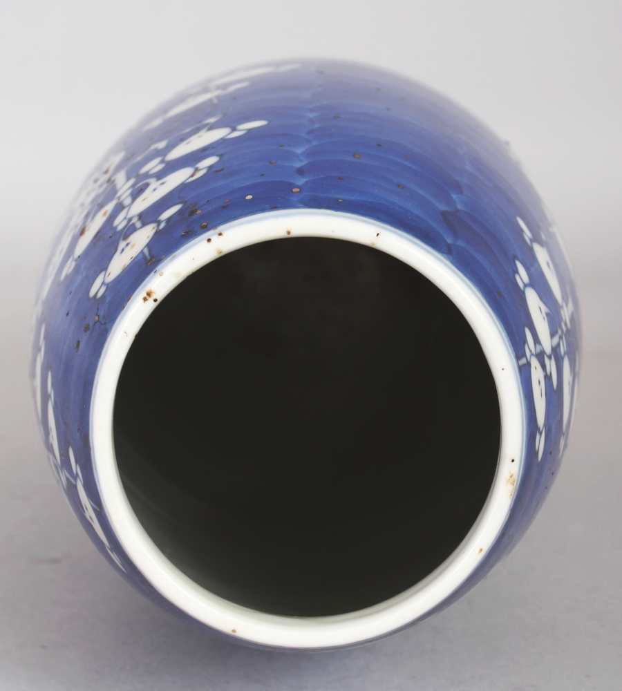 A 19TH CENTURY BLUE & WHITE OVAL FORM PORCELAIN PRUNUS VASE, the base with a four-character Kangxi - Image 6 of 8