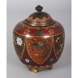 A SMALL JAPANESE MEIJI PERIOD CLOISONNE JAR & COVER, 4in high overall.