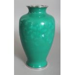 AN EARLY 20TH CENTURY JAPANESE ANDO FACTORY GREEN WIRELESS DECORATED ENAMEL VASE, with chrome