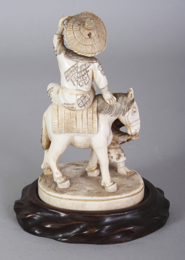 A GOOD QUALITY SIGNED JAPANESE MEIJI PERIOD IVORY OKIMONO OF A FARMER SEATED ON A HORSE, together - Image 3 of 9