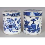 A NEAR PAIR OF 19TH CENTURY CHINESE BLUE & WHITE CYLINDRICAL PORCELAIN BOXES & COVERS, 4.9in & 4.