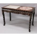 A GOOD LARGE 19TH/20TH CENTURY CHINESE MARBLE TOP RECTANGULAR HARDWOOD TABLE, the frieze inlaid in