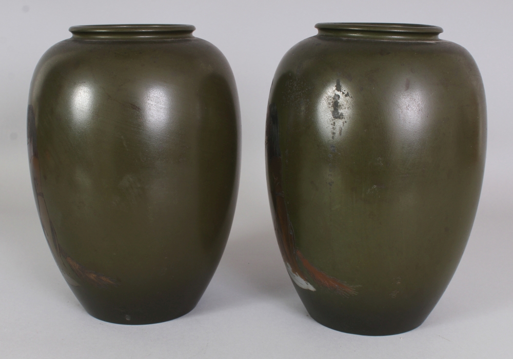 A PAIR OF EARLY 20TH CENTURY SIGNED JAPANESE GREEN GROUND MIXED METAL & INLAID VASES, the side of - Image 2 of 9