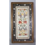 A FRAMED 20TH CENTURY CHINESE EMBROIDERED BUTTERFLY & FLORAL PANEL, the frame 27.8in x 15in.