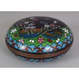 A JAPANESE MEIJI PERIOD CLOISONNE & GIN BARI CIRCULAR BOX & COVER, 3.75in diameter & 1.75in high