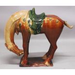 A LARGE CHINESE TANG STYLE GLAZED CERAMIC FIGURE OF A STANDING HORSE, applied with green and ochre