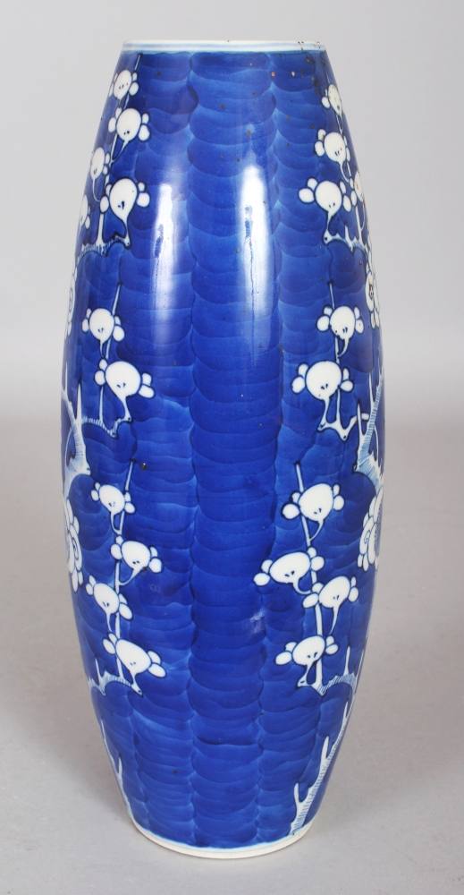 A 19TH CENTURY BLUE & WHITE OVAL FORM PORCELAIN PRUNUS VASE, the base with a four-character Kangxi - Image 2 of 8