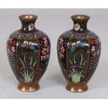 A SMALL PAIR OF EARLY 20TH CENTURY JAPANESE MEIJI PERIOD HEXAGONAL SECTION CLOISONNE VASES, 3.7in