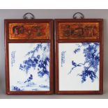 A PAIR OF CHINESE REPUBLIC STYLE WOOD FRAMED BLUE & WHITE PORCELAIN PLAQUES, each frame