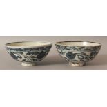 A PAIR OF CHINESE LATE MING BLUE & WHITE SHIPWRECK PORCELAIN BOWLS, the sides painted with formal