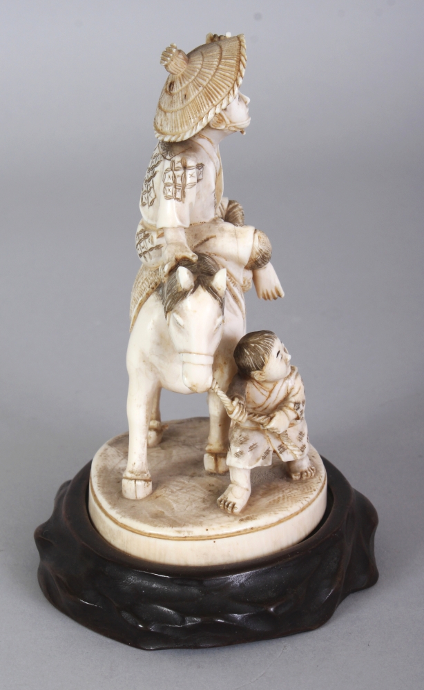 A GOOD QUALITY SIGNED JAPANESE MEIJI PERIOD IVORY OKIMONO OF A FARMER SEATED ON A HORSE, together - Image 2 of 9