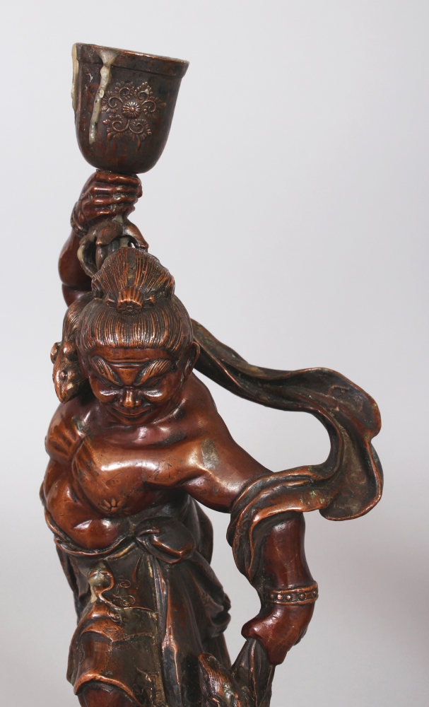 A PAIR OF GOOD QUALITY JAPANESE MEIJI PERIOD MIXED METAL FIGURES OF ONI CANDLESTICKS, each bearing - Image 6 of 7