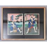 A PAIR OF SINGLE FRAMED JAPANESE WOODBLOCK ACTOR OBAN PRINTS BY KUNIKAZU, the frame 28.5in x 22.