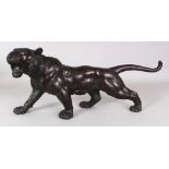 A LARGE FINE QUALITY SIGNED JAPANESE MEIJI PERIOD BRONZE MODEL OF A STRIDING TIGER BY SEIYA, the