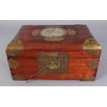 AN EARLY/MID 20TH CENTURY CHINESE BRASS ONLAID & JADE INLAID RECTANGULAR WOOD CASKET, with a