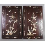 A PAIR OF 19TH/20TH CENTURY CHINESE MOTHER-OF-PEARL INLAID RECTANGULAR WOOD PANELS, 15.9in x 9.9in.