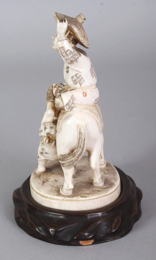 A GOOD QUALITY SIGNED JAPANESE MEIJI PERIOD IVORY OKIMONO OF A FARMER SEATED ON A HORSE, together - Image 4 of 9