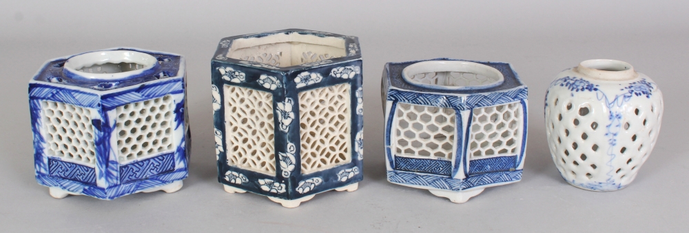 A GROUP OF THREE EARLY 20TH CENTURY JAPANESE BLUE & WHITE PORCELAIN INCENSE POTS, the largest 3. - Image 2 of 4